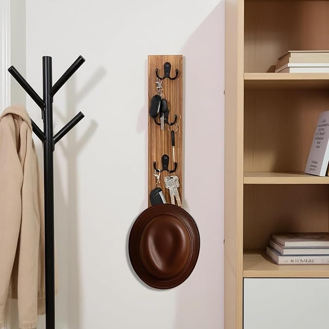 Key Holder Wall Mount, Solid Wood Organizer Shelf, Four Double Hooks, Vertical Entryway Storage for Keys, Mail, Leashes, Rustic Farmhouse Style Home Decor