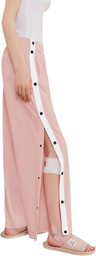 Deyeek Women's Tear Away Pants Side Split Snap Open Bottom Sweatpants Leg Breakaway Post Surgery Pants with Pockets
