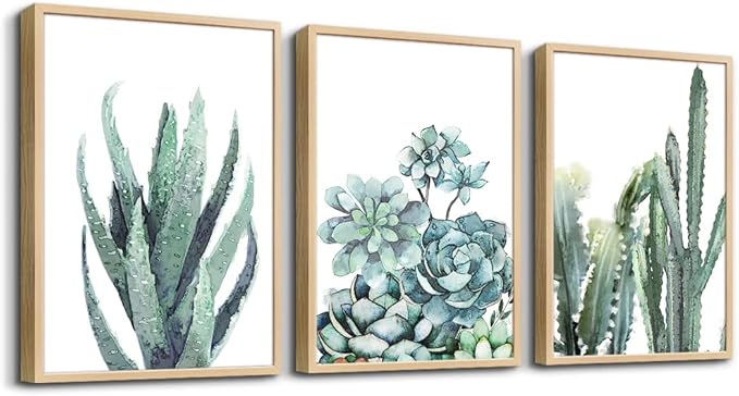 Natural Wood Framed Canvas Wall Art For Living Room Bathroom Wall Decor For Bedroom Kitchen Artwork Canvas Prints Green Plant Flowers Painting Large Size Framed Office Home Decorations Family Picture