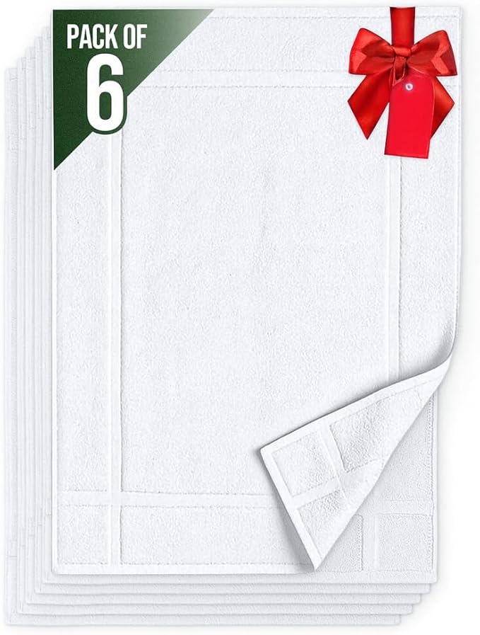 Pearl Linens Pack of 6 100% Cotton Bath Mat 18x25 inches, Soft & Absorbent Quick Dry Bathroom Mat Set, Not Bathroom Rugs, After Shower Mat, Bath Tub Mat, 687 GSM, Machine Washable, White