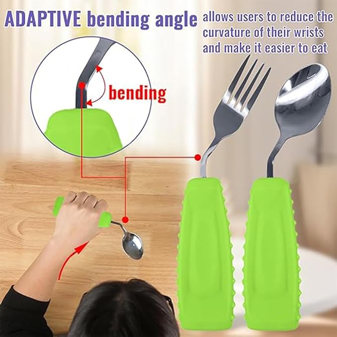 Adaptive Utensils,Weighted Angled Silverware,Parkinsons Aids,Curved Non-Slip Easy Grip Spoon and Fork Set for Tremors,Disabled,Handicap,Elderly,Arthritis (Left Hand,Pack of 2,Green)