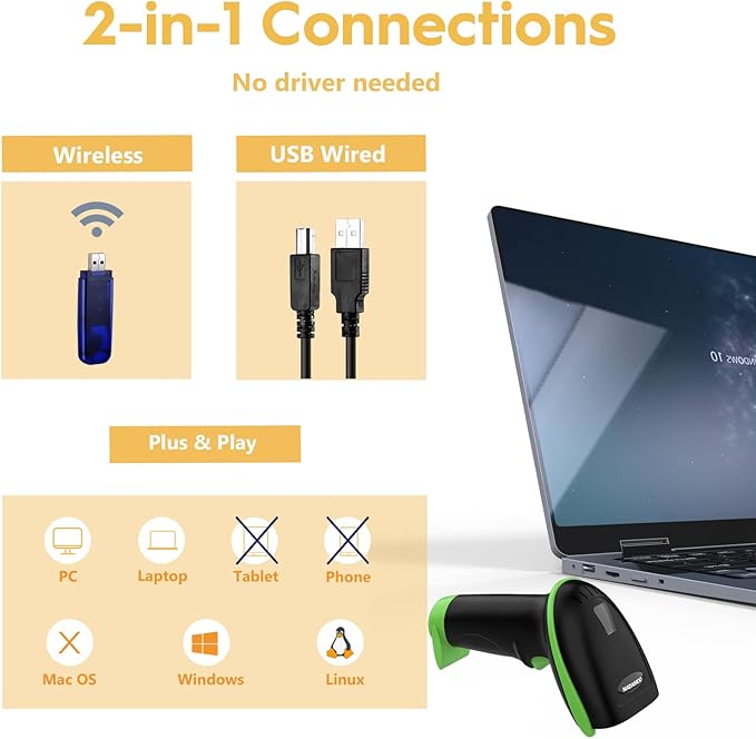 NADAMOO Wireless Barcode Scanner 328 Feet Transmission Distance USB Cordless 1D Laser Automatic Barcode Reader Handhold Bar Code Scanner with USB Receiver for Store, Supermarket, Warehouse - Green