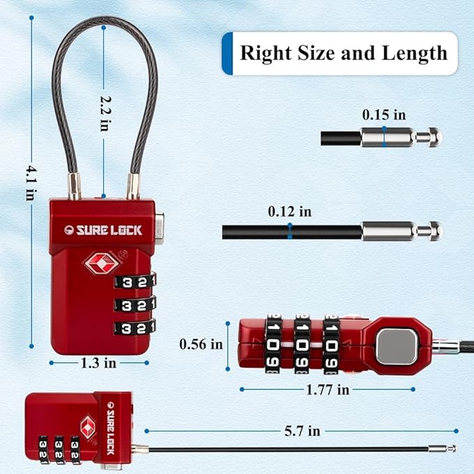 SURE LOCK TSA Approved 3-Digit Combination Luggage Locks – Open Alert Indicator, Re-settable Code with Zinc Alloy Body, Easy-Read Dials for Suitcase, Backpack, Gym Locker & Toolbox (Multiple Colors)