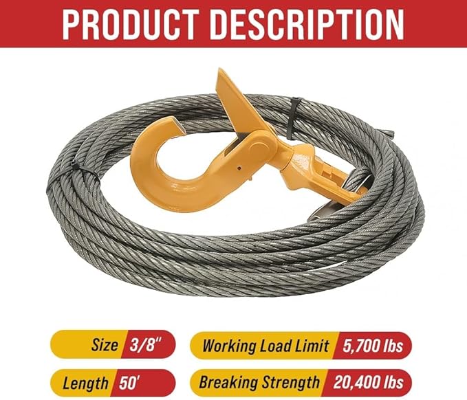 Mytee Products 1 Pack 3/8" x 50' Swaged Winch Cable Wire w/Self Locking Swivel Hook - 20,400 lbs Ultimate BS & 1 Pack Side Puller Recovery Tool for Vehicle Towing & Angled Winching - 9,000 lbs WLL