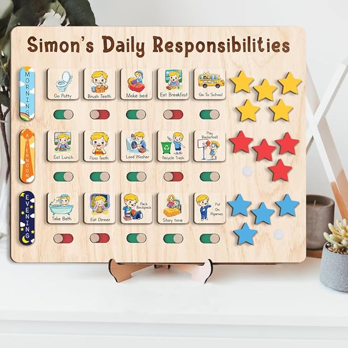 Wooden Chore Chart for Kids Visual Schedule, Routine Chart for Kids, Morning Bedtime Routine Chart for Toddlers Ages 2-4, Daily Kids Schedule Board for Home (18)