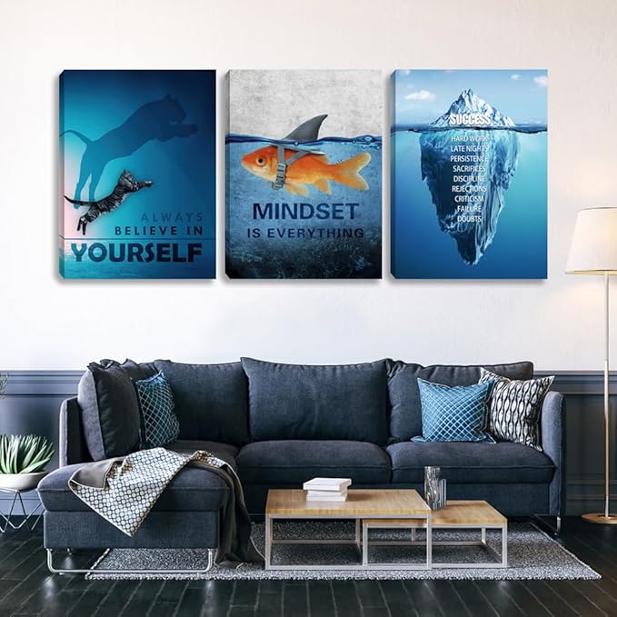 Unbruvo Motivational Wall Art for Office, 3 Pieces Cat Glacier Fish Canvas Print, Inspirational Quotes Wall Decor for Living Room, Bedroom, Dorm-(60''Wx 28''H)