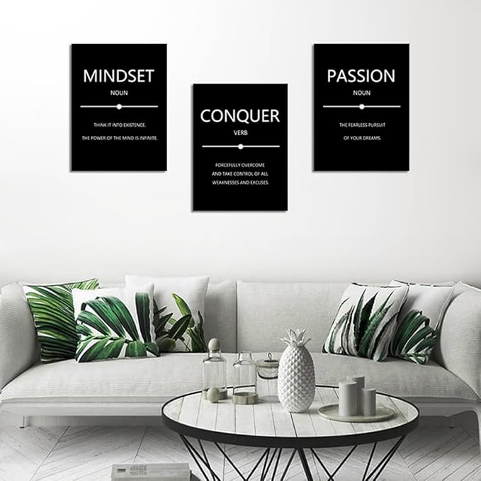 Unbruvo Motivational Wall Decor for Office, 3 Pieces Inspirational Canvas Wall Art, Mindset Passion Conquer Canvas Poster, Positive Quotes for Entrepreneur Meeting Room Lobby Bedroom(60''Wx 28''H)