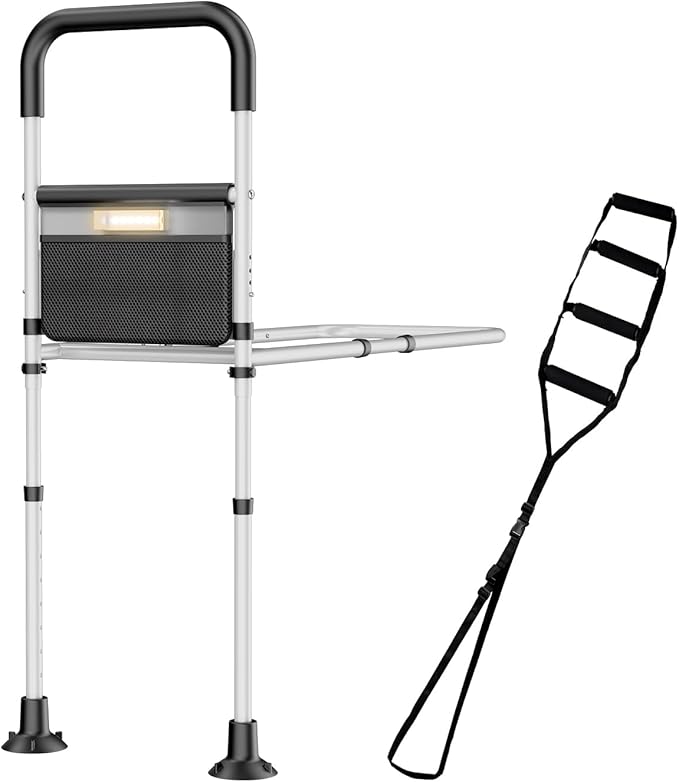 Bed Rails for Elderly Adults Safety,ASTM Approved Adjustable Bed Assist Rails For Seniors,Anti-Slip Ergonomic Handle,440lb Weight Capacity,Comes with storage bag,Night sensor light & Bed Ladder Assist