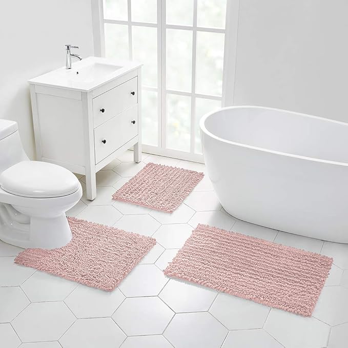 Walensee Bathroom Rug 2 Pieces Set Non Slip Bath Mat (17x24 Plus 20x32 Inch Dusty Pink) Water Absorbent Super Soft Shaggy Chenille Machine Washable Dry Extra Thick Perfect Carpet for Shower Floor