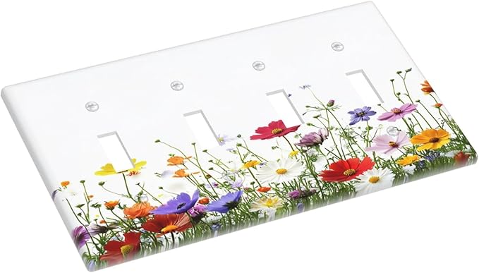 Light Switch Covers Colorful Wildflowers Plant Floral Daisy Quad Toggle Electrical Faceplate 4 Gang Wall Plate Decorative Switch Plates For Bed Room Living Room Decor