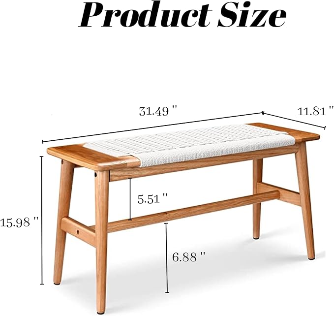 32" L 100% FAS Oak Wooden Bench Indoor - Solid Wood Rope Woven Entryway Bench, Dining Bench, Boho Furniture for Entryway, Dining Room, Bedroom, Kitchen (Creamy White)