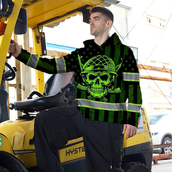 Matedecor Skull US Flag Reflective High Visibility Hoodie For Men Construction Hi Vis Safety Workwear Custom Name
