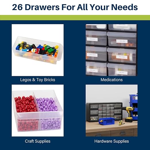Akro-Mils 26-Drawer Plastic Drawer Storage Cabinet for Garage Organization, Bead Organizer, Building Bricks Storage, Teacher Toolbox, Makeup Organizer, 20-Inch W x 6-Inch D x 10-Inch H, 10126 Yellow