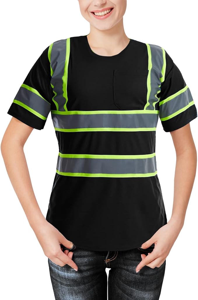High Visibility Shirts Quick Dry Safety T Shirts with Reflective Strips and Pocket Short Sleeve Mesh Hi Vis Construction Work Class 2 Shirt for Men/Women Black,2XL