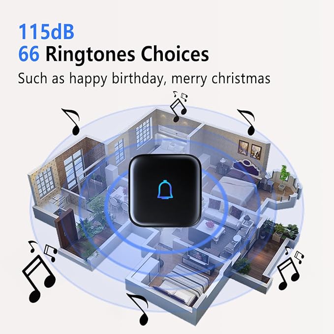 Wireless Doorbell Loud Classroom Doorbell IP66 Waterproof Doorbell 1000Ft 66 Chimes Mute Mode 115dB 7-Level Vol Electric Door Bell Ringer for Home Office Kids Room Teachers & Hearing-Impaired