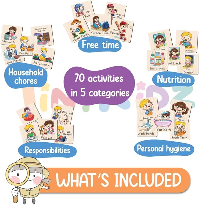 Personalized Wooden Daily Routine Chart 11.8x11.8", Visual Schedule, Chore Chart for Kids, Morning Bedtime Routine Chart for Toddlers (09)