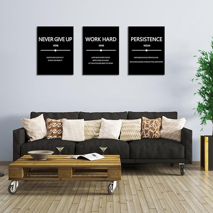Unbruvo Inspirational Canvas Wall Art, Motivational Office Wall Decor, 3 Pieces Black Never Give Up Positive Quotes Wall Art for Workplace Living Room Bedroom(36''W x 16''H)