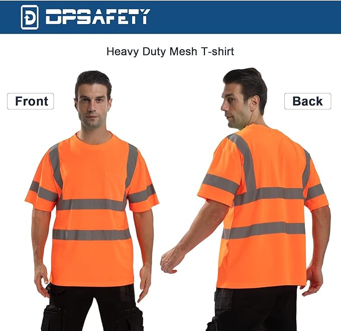 High Visibility Class 3 T Shirts，Hi Vis Safety Shirts with Reflective Strips and Pocket, Short Sleeve Quick Dry Mesh Construction Work Shirt for Men/Women Orange,3XL