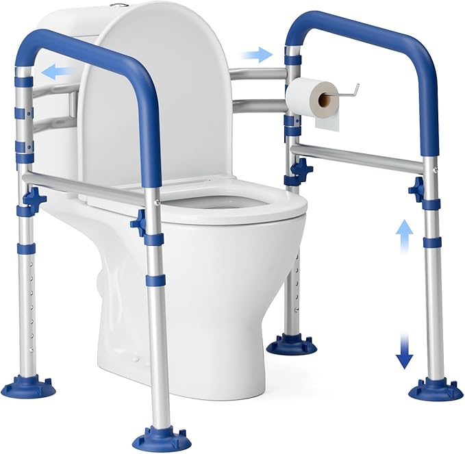 Foldable Toilet Safety Rails for Seniors - Adjustable Toilet Safety Frame & Toilet Handles for Elderly & Disabled, Fits Most Toilets, 350lb Capacity, Blue