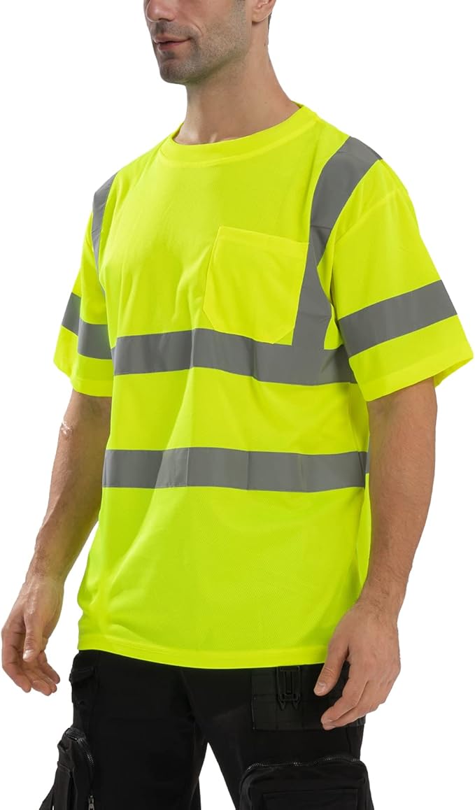 High Visibility Class 3 T Shirts，Hi Vis Safety Shirts with Reflective Strips and Pocket, Short Sleeve Quick Dry Mesh Construction Work Shirt for Men/Women Lime,Large