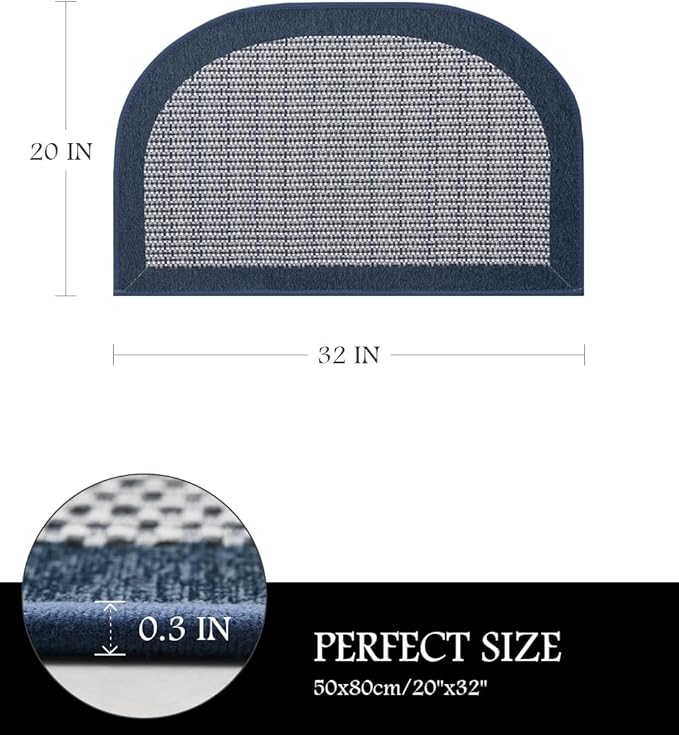 PADOOR Kitchen Mats for Floor, Kitchen Rugs Non Slip Washable, Half Circle Kitchen Floor Mat Sink Rug Rubber Backed Super Absorbent, 20”x32” Blue