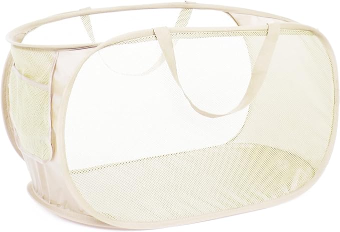Durable Collapsible Laundry Baskets, Mesh Pop Up Laundry Hamper with Side Pocket, Foldable Clothes Storage Hamper with Reinforced Carry Handles for Laundry, Bathroom, Kids Room, Dorm or Travel Beige