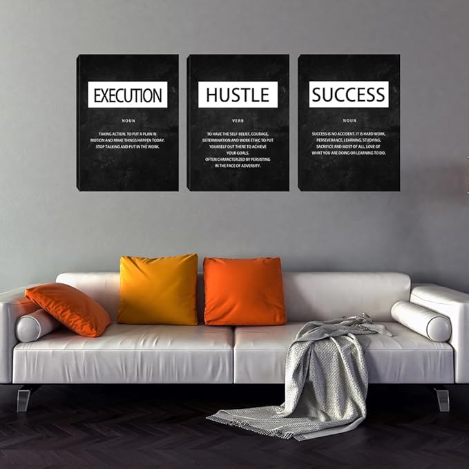 Success Hustle Execution Inspirational Wall Art Canvas Print Office Decor Inspiring Framed Prints on Canvas Motivational Posters Quotes Artwork Modern Wall Art Decoration Ready to Hang 16"x24"x3