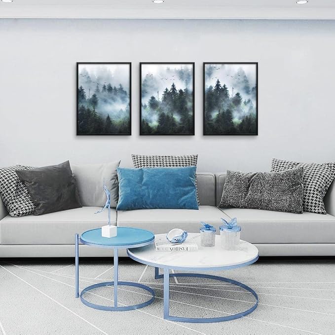 DZRWUBHS Framed Canvas Wall Art - 3 Piece Set, Foggy Forest Trees Landscape Painting, Black, Modern Wall Decor for Living Room, Bedroom, Kitchen etc.
