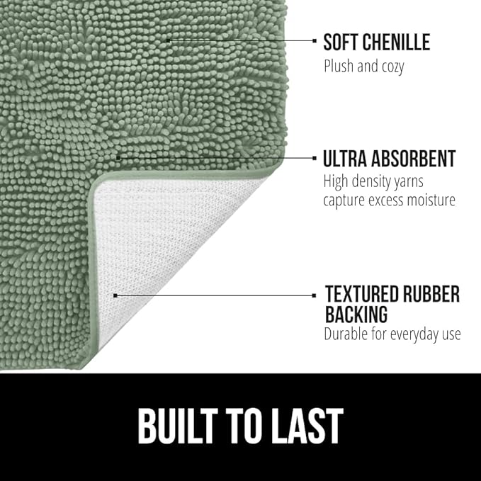 GORILLA GRIP Plush Absorbent Shaggy Chenille Bath Rug Mat for Square Toilet Base with Rubber Backing, Machine Washable Rugs, Soft Microfiber Contour Mats for Toilets, Bathroom Decor, Sage