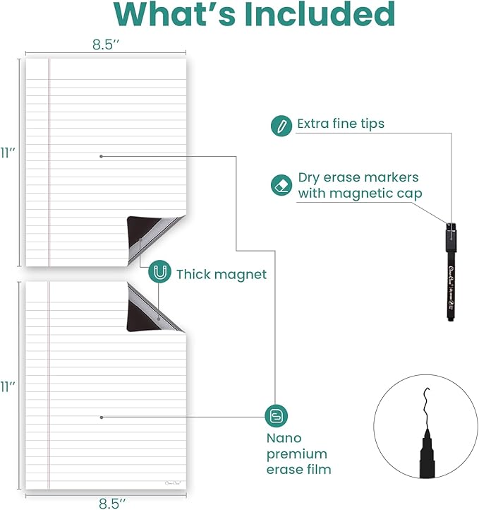 Magnetic Dry Erase Board – 8.5”x11” Reusable Lined Dry Erase Notebook Sheet for Fridge 2 Pcs – Marker Included
