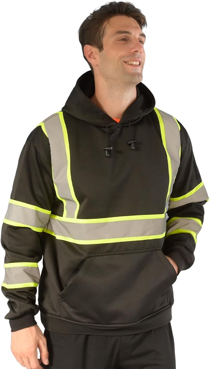sesafety Class 3 Hi-Vis Hoodie for Men, Reflective Safety Sweatshirt, Black High Visibility Hooded Pullover