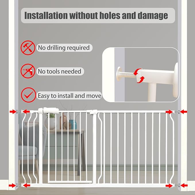 Extra Wide Baby Gate, 57.5-62 Inch - White Metal, Pressure Mounted Indoor Safety Gate, Walk-Through Dog Gate for Kids & Pets