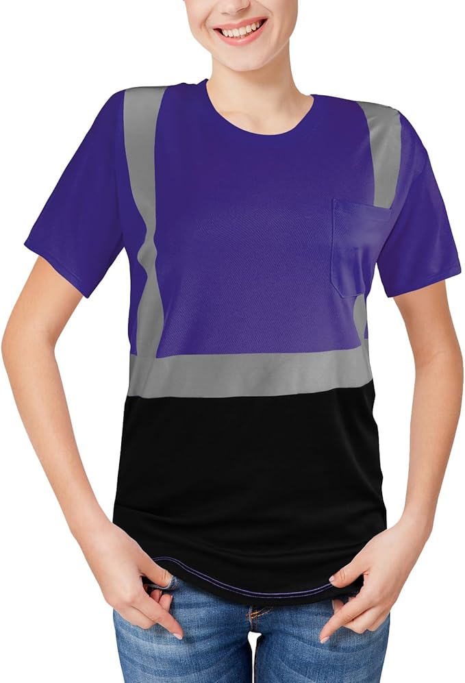 High Visibility Shirts Quick Dry Safety T Shirts with Reflective Strips and Pocket Short Sleeve Mesh Hi Vis Construction Work Class 2 Shirt for Men/Women Black Bottom Purple,6XL