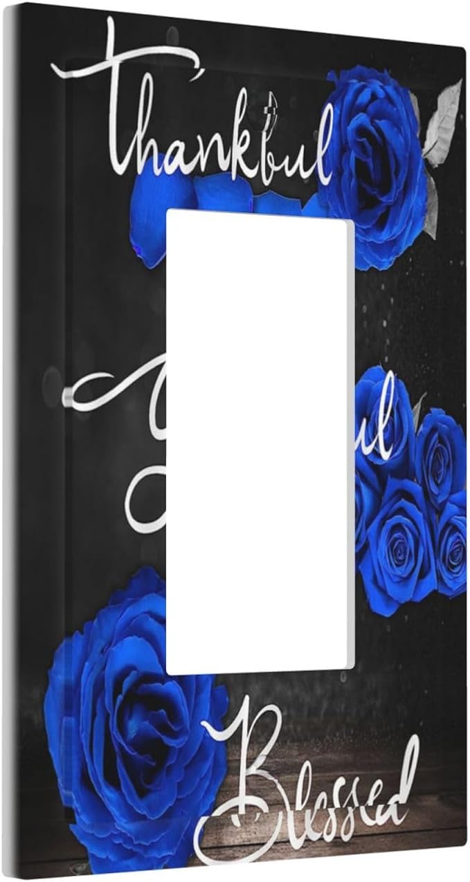 Outlet Covers Blue Rose Thankful Grateful Blessed 1 Gang Wall Plate Single Rocker Light Switch Cover Romantic Blue Floral Decorative GFCI Receptacle Cover Electrical Switchplate for Home Decor
