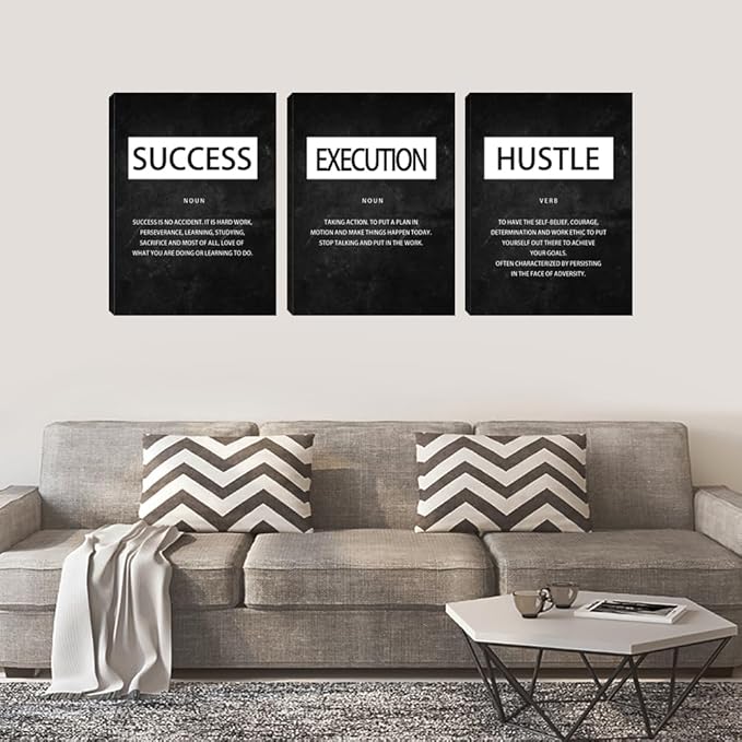 Unbruvo Motivational Canvas Wall Art - 3 Panel Inspirational Wall Decor, Hustle Success Office Decor, Hustle Success Poster for Living Room, Bedroom, Classroom(72" Wx36 H)