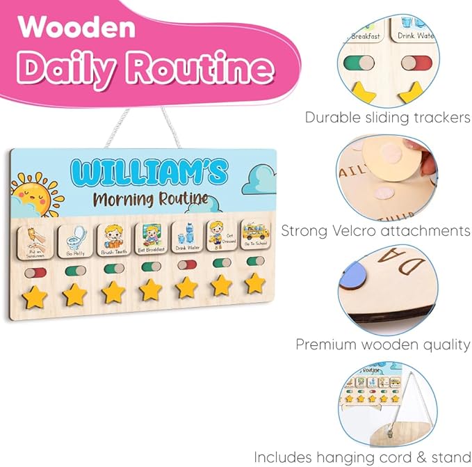 Wooden Chore Chart for Boys, Daily Routine Chart for Kids, Visual Schedule, Chore Reward Chart, Bedtime Morning Routine Chart for Toddlers (03)