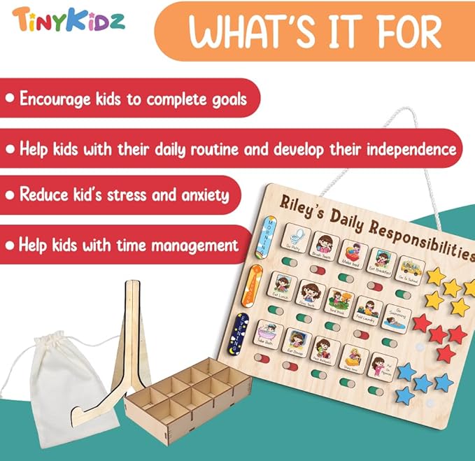 Wooden Chore Chart for Kids Visual Schedule, Routine Chart for Kids, Morning Bedtime Routine Chart for Toddlers Ages 2-4, Daily Kids Schedule Board for Home (18)