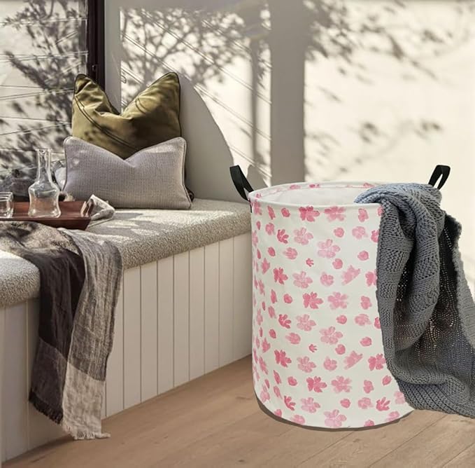 19.7 Inch Pink Flower Laundry Clothes Hamper Laundry Basket with Handles,Storage Organizer Bins Laundry Gift Basket for Room, Bedroom Decor