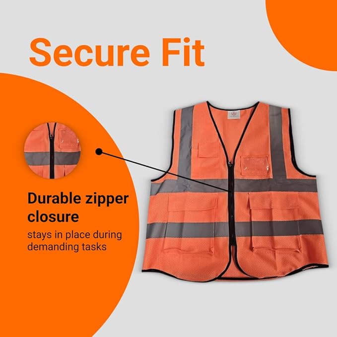 High-Visibility Safety Vests – Pack of 3, Reflective vest, Front Zipper & Utility Pockets for Maximum Safety