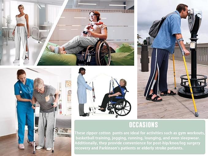 Unisex Tearaway Pants with 2 Side Zippers Snaps for Post Surgery Men Cotton Rip Off Breakaway Pant for Hip Replacement