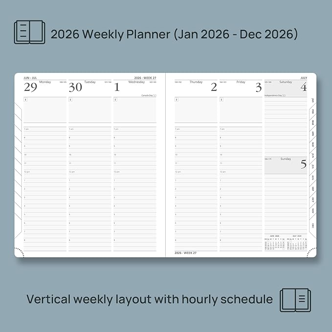 POPRUN 2026 Planner (Large Size 8.5''x 10.5'' Hardcover) - Daily Weekly and Monthly Calendar Agenda 2026 Appointment Book with Hourly Time Slots, Monthly Tabs, 100 GSM - Haze Blue