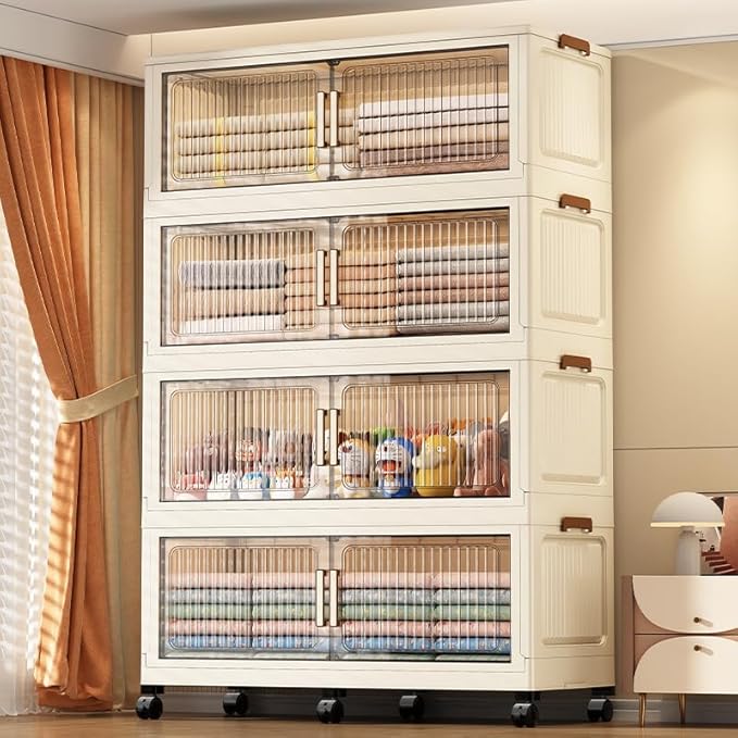 479QT 35.4'' Wide Stackable Storage Bins with Lid,4-Tier Large Foldable Plastic Drawer Storage with Wheels,Closet Organizers and Storage for Living Room, Office, Dorm