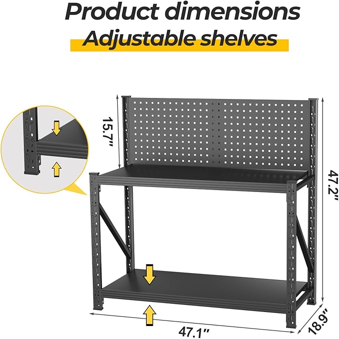 2 Sets Storage Shelves with Pegboard,Heavy Duty Garage Shelving Units and Storage,Metal Shelving Adjustable Shelves,Garage Storage Rack,Industrial Utility Shelf 47.2" H*47.09" W*19" D