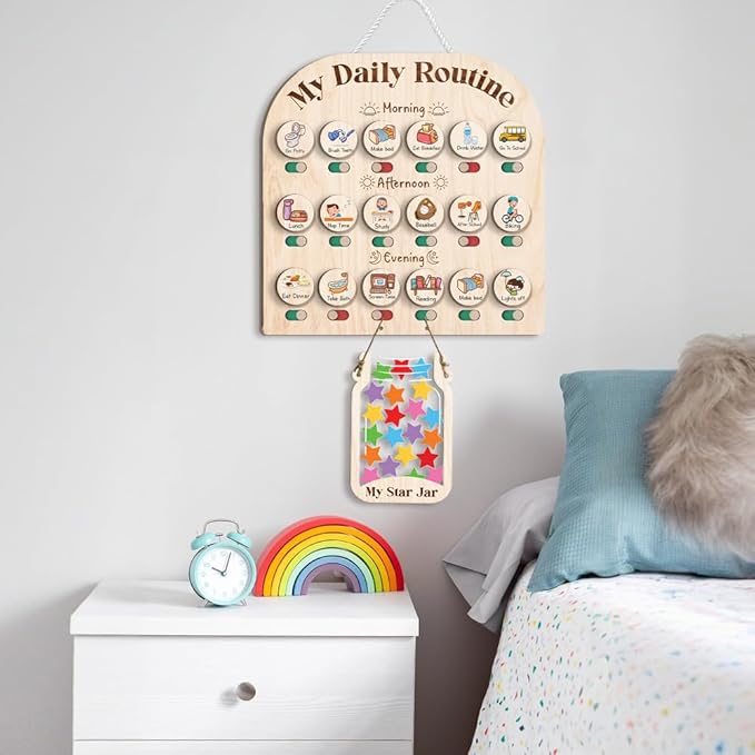 Wooden Daily Routine Chart with 30 Tokens Reward Jar, Toddler Reward System, Morning Bedtime Routine Chart, Toddler Charts for Behavior and Routines, Wooden Chore Chart for Kids
