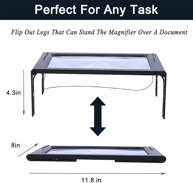 Hands-Free Magnifying Glass Large Full-Page Rectangular 3X Magnifier LED Lighted Illuminated Foldable Desktop Portable for Elder