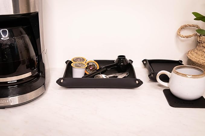 Valet Tray – Full-Grain Leather Catchall Organizer for Keys, Phone & Wallet – Rustic Nightstand & Desk Tray with Raised Sides – Handmade in USA (Black, Small Square/Coaster Set)