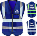 YOWESHOP High Visibility Safety Vest Custom Your Logo Protective Workwear 5 Pockets With Reflective Strips Outdoor Work Vest (L, Navy Blue Luminous)