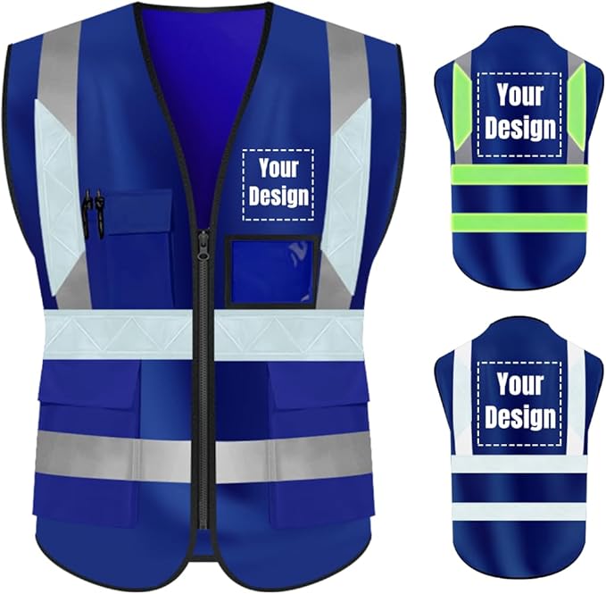YOWESHOP High Visibility Safety Vest Custom Your Logo Protective Workwear 5 Pockets With Reflective Strips Outdoor Work Vest (L, Navy Blue Luminous)