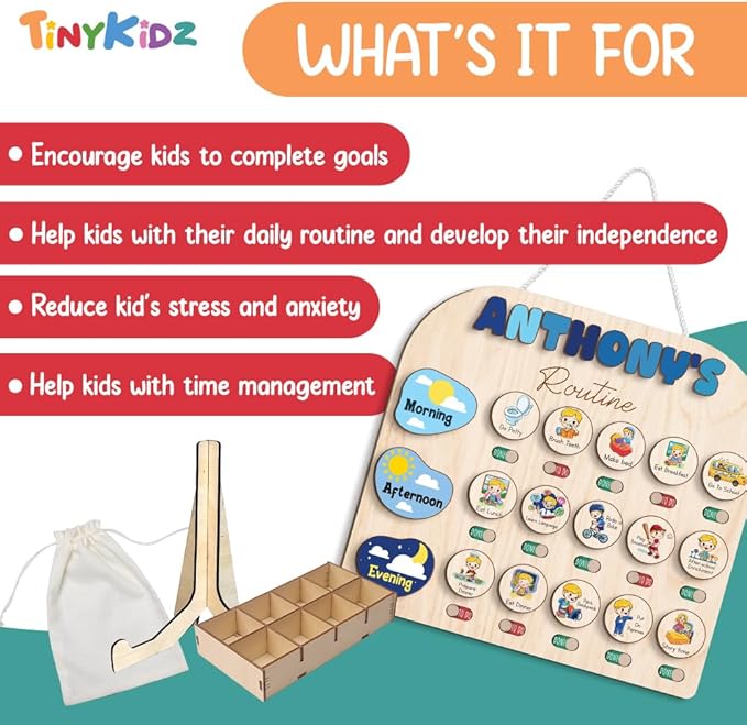 Wooden Chore Chart for Kids Visual Schedule, Routine Chart for Kids, Morning Bedtime Routine Chart for Toddlers Ages 2-4, Daily Kids Schedule Board for Home (17)
