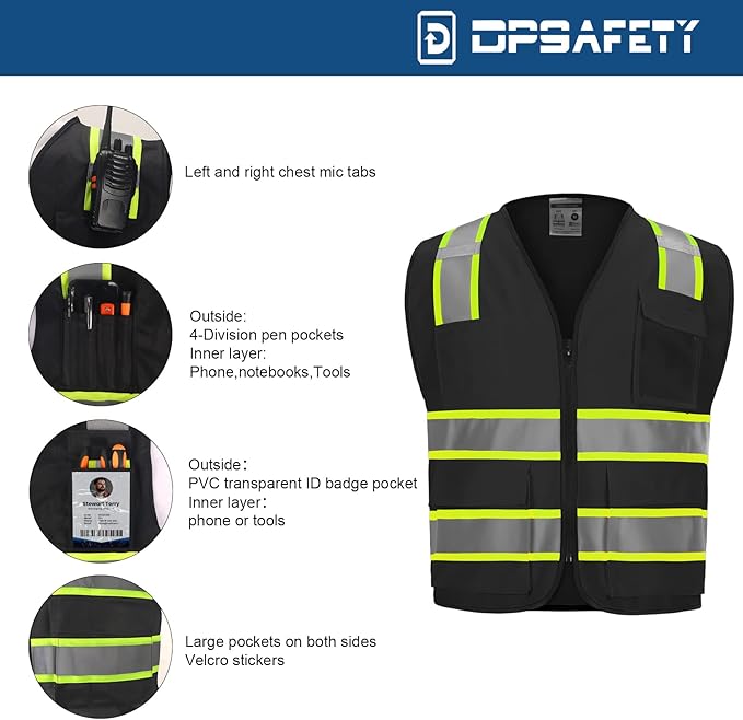9 Pocket Hi Vis Safety Vest with Reflective Strips, Zipper Construction Work Vest for Men & Women, Black, 5XL
